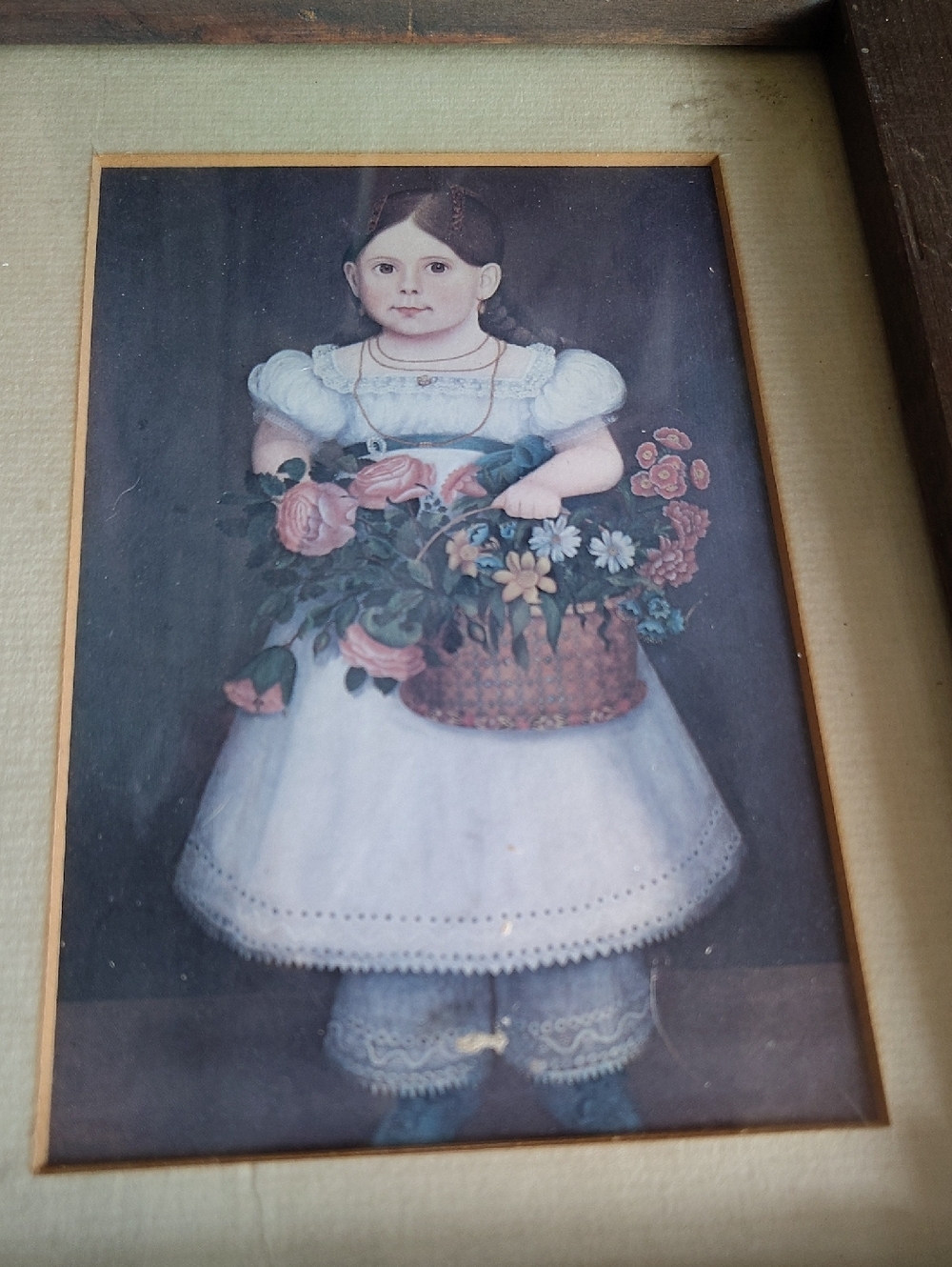 Vintage Framed Print of Little Girl with Flower Basket